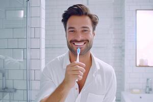 ai gerado uma homem segurando escova de dente e sorridente com lindo dentes com generativo ai foto