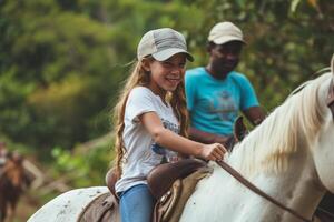 ai gerado jovem menina equitação cavalo bokeh estilo fundo com generativo ai foto