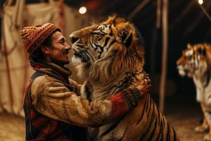 ai gerado uma circo animal treinador carinhosamente interagindo com treinado leões e tigres demonstrando Confiar em e mútuo respeito foto