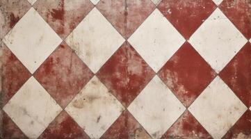 ai gerado vintage vermelho e branco tabuleiro de xadrez padronizar azulejos, refletindo vestem e a passagem do tempo. foto