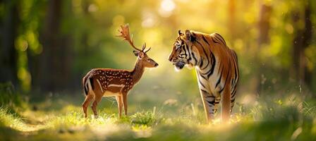ai gerado harmonioso tigre e veado coexistência dentro uma iluminado pelo sol floresta, inspirador unidade para conservação esforços foto