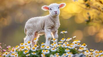 ai gerado jovem Cordeiro pastar dentro margarida campo em uma verão dia sereno natureza panorama com Fazenda animal foto