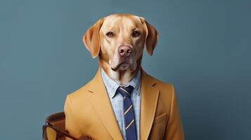 ai gerado antropomórfico cachorro dentro o negócio terno às corporativo ambiente de trabalho, estúdio tiro com cópia de espaço para texto. foto