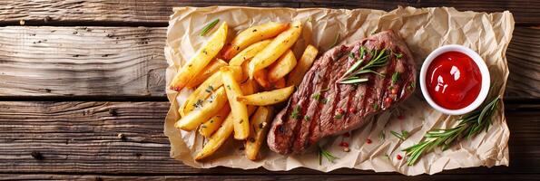 ai gerado topo Visão do tradicional bife e francês fritas em de madeira mesa com espaço para texto foto