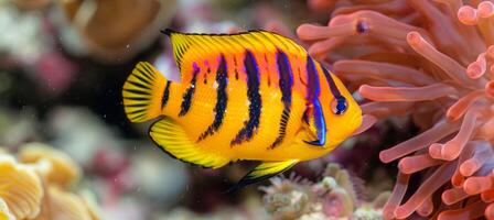 ai gerado colorida peixe anjo natação entre vibrante coral recife dentro água salgada aquário meio Ambiente foto