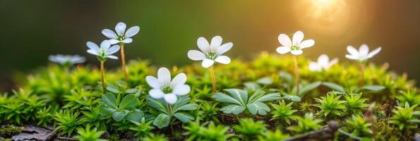 ai gerado tranquilo Primavera floresta panorama com musgoso pedras e delicado flores silvestres, cópia de espaço acessível foto