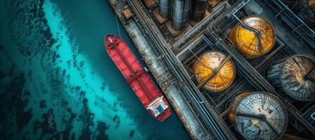 ai gerado aéreo Visão do ampla vermelho carga navio ancorado Próximo para industrial óleo e gás tanque armazenamento complexo foto