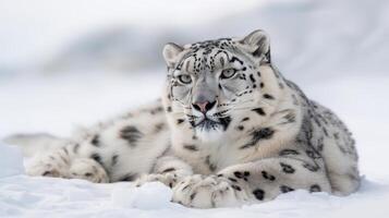 ai gerado neve leopardo Misturando perfeitamente dentro Está Nevado natural habitat para eficaz camuflar foto