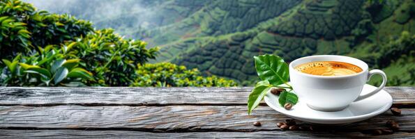 ai gerado aromático café copo em exuberante montanha plantação fundo, perfeito para texto posicionamento foto