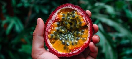 ai gerado paixão fruta seleção mão segurando fresco fruta em borrado fundo com cópia de espaço foto