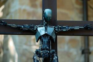 ai gerado crucificado robô para agi cyber Deus conceito foto