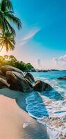ai gerado tropical de praia Visão às pôr do sol ou nascer do sol com branco areia, turquesa água e Palma árvores foto