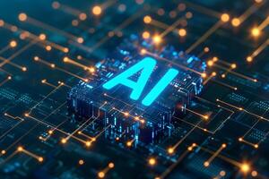 ai gerado palavra ai - artificial inteligência o circuito borda com azul e laranja brilho foto