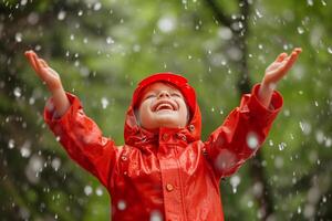 ai gerado feliz criança dentro vermelho capa de chuva desfrutando chuva. foto