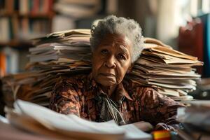 ai gerado Senior africano americano mulher dentro a escritório, sobrecarregado de uma montanhas do papelada foto