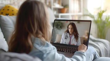 ai gerado telemedicina conceito. jovem senhora consultando dela médico em computador portátil computador, usando Webcam a partir de lar. foto