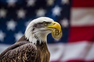 ai gerado Careca Águia segurando bitcoin olho roxo com EUA bandeira em a fundo foto