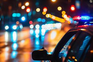 ai gerado polícia carro luzes às noite dentro cidade rua com seletivo foco e bokeh foto