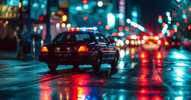 ai gerado polícia carro luzes às noite dentro cidade rua com seletivo foco e bokeh foto