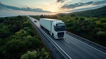 ai gerado branco europeu semitruck é visto a partir de a céu em uma rodovia Apoiado de vegetação foto