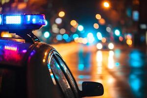 ai gerado polícia carro luzes às noite dentro cidade rua com seletivo foco e bokeh foto
