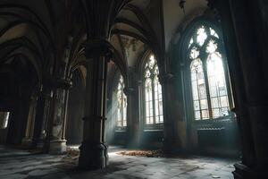 ai gerado Sombrio gótico abandonado antigo capela corredor interior com alta janelas e colunas, nebuloso e vazio. foto