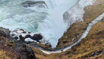 gullfoss cascata dentro islandês região, majestoso congelando rio fluxo e neve coberto colinas. nórdico panorama com maciço cascata e água corrente corrida baixa ao lado morros e arestas. foto