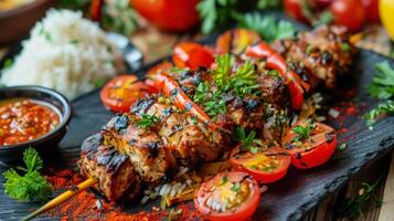 ai gerado fechar-se do uma carne espeto com salsa foto