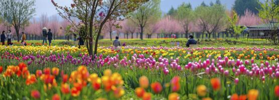 ai gerado uma grupo do pessoas dentro a colorida flores Campos. foto