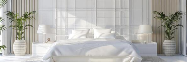 ai gerado contemporâneo elegância, luxuoso branco quarto adornado com moderno parede decoração foto