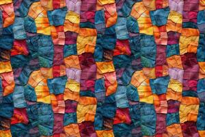 ai gerado desatado têxtil fundo, colorida patchwork colcha fez a partir de peças do tecido foto