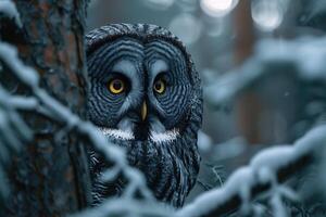 ai gerado Pardo coruja Strix nebulosa dentro inverno floresta às noite foto