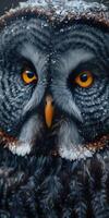 ai gerado vertical retrato do ótimo cinzento coruja, Strix nebulosa foto