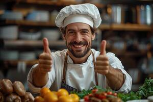 ai gerado retrato do uma sorridente masculino chefe de cozinha mostrando polegares acima dentro a cozinha com borrado legumes em primeiro plano foto