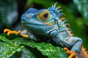 ai gerado fechar acima do uma azul iguana em uma folha dentro a floresta tropical foto