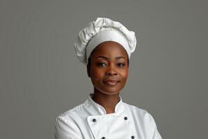 ai gerado retrato do uma jovem africano americano fêmea chefe de cozinha em cinzento fundo foto