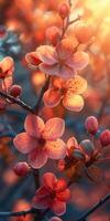 ai gerado vertical Primavera fundo, ramo do florescendo Damasco árvore com Rosa flores foto