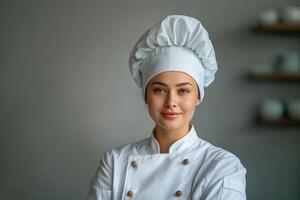 ai gerado retrato do uma lindo fêmea chefe de cozinha dentro uma branco uniforme em uma cinzento fundo foto