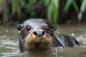 ai gerado gigante rio lontra pteronura brasiliensis natação dentro a água foto