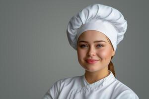 ai gerado retrato do uma lindo fêmea chefe de cozinha dentro uma branco uniforme em uma cinzento fundo foto