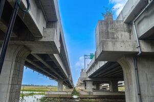 debaixo uma Pedágio estrada ponte ou rodovia com uma brilhante azul céu. foto