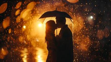 ai gerado casal se beijando dentro a chuva com costas cinematográfico luz foto