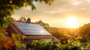 ai gerado a ecológico moderno casa com ampla solar painéis em a cobertura durante crepúsculo, exibindo sustentável vivo e energia eficiência foto