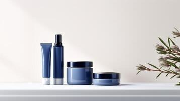 ai gerado três minimalista Cosmético frascos dentro marinha azul estão exibido contra uma suave gradiente fundo, perfeito para beleza branding foto