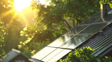 ai gerado uma moderno casa com uma cobertura coberto dentro solar painéis banhado dentro luz solar, representando uma degrau para verde energia foto