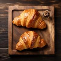 ai gerado croissants em uma corte borda em uma de madeira fundo, topo Visão foto