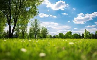 ai gerado verde Relva dentro a parque com luz solar e bokeh fundo, raso profundidade do campo foto