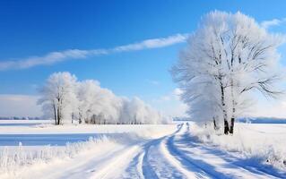 ai gerado inverno rural panorama com estrada e árvores coberto com geada. foto