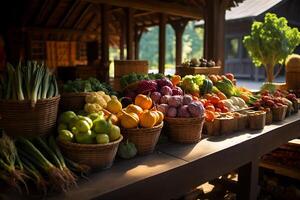 ai gerado frutas e legumes para venda às a agricultores mercado dentro a Vila foto