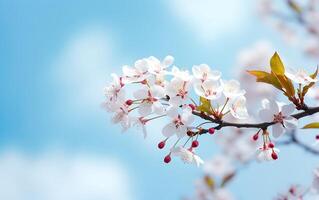 ai gerado cereja Flor dentro Primavera com azul céu e branco nuvens fundo foto